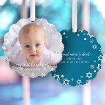 Baby First Hanukkah Photo Snowflakes New Parents Ornament Card<br><div class="desc">“My first Hanukkah.” A playful visual of white Stars of David, snowflakes and handwritten script typography with customized name and year, overlaying the photo of your choice, help you usher in Hanukkah and New Year. On the back, additional white Stars of David, snowflakes and handwritten typography with “proud mom &...</div>