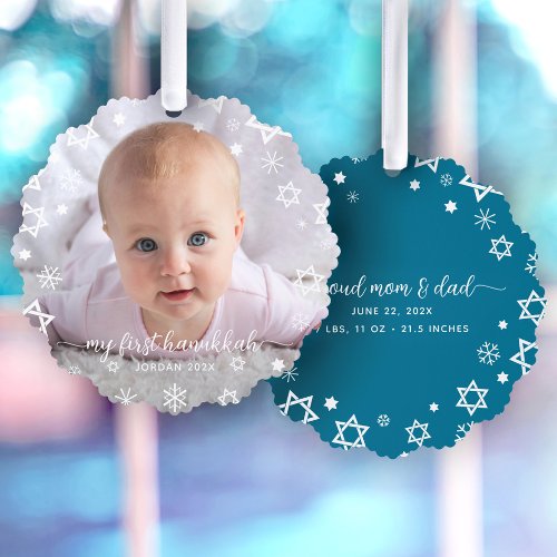Baby First Hanukkah Photo Snowflakes New Parents Ornament Card