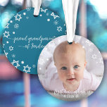 Baby First Hanukkah Stars Snowflakes Grandparents Ornament<br><div class="desc">“First Hanukkah.” A playful visual of white Stars of David, snowflakes and handwritten script typography with customized year, overlaying the photo of your choice, help you usher in Hanukkah and New Year. On the back, additional white Stars of David, snowflakes and handwritten typography with “proud grandparents of baby’s name” overlay...</div>