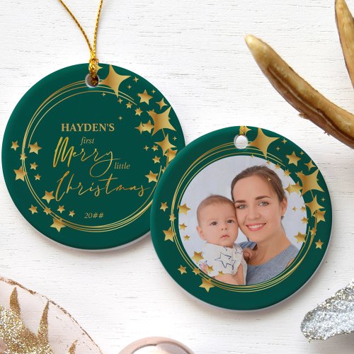 Baby First Merry Little Christmas Photo Gold Star Ceramic Ornament