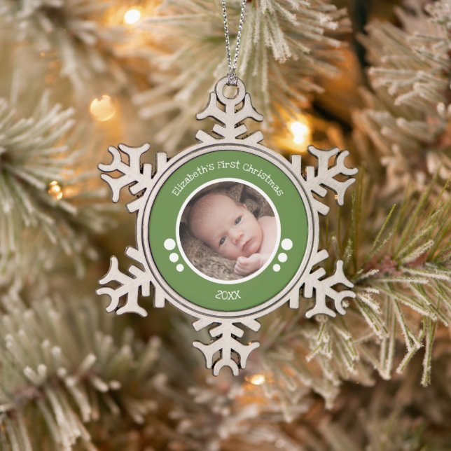 Baby First photo year green white Snowflake Pewter Christmas Ornament (Tree)