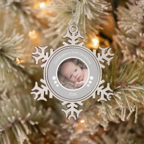 Baby First photo year grey white Snowflake Pewter Christmas Ornament