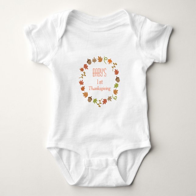 Baby First Thanksgiving Autumn Leaves Acorns Baby Bodysuit (Front)
