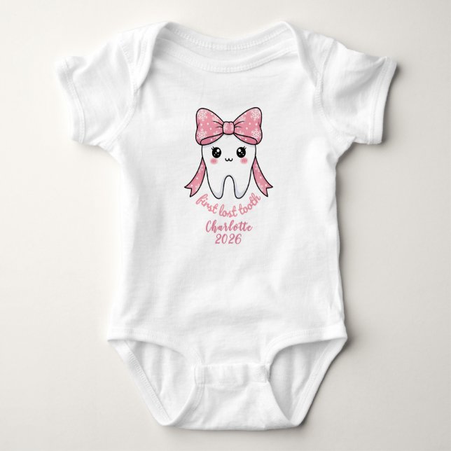 Baby First Tooth Pink Bow Milestone Kawaii Tooth Baby Bodysuit (Front)