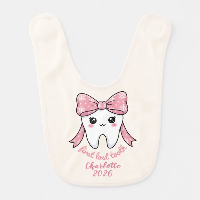 Baby First Tooth Pink Bow Milestone Kawaii Tooth Bib (Front)