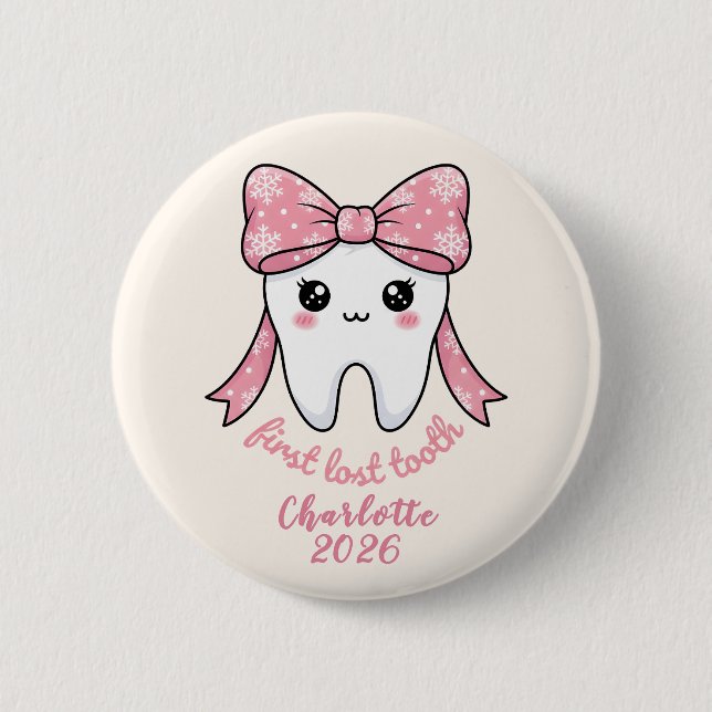 Baby First Tooth Pink Bow Milestone Kawaii Tooth Button (Front)