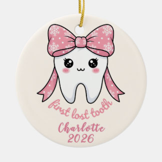 Baby First Tooth Pink Bow Milestone Kawaii Tooth Ceramic Ornament