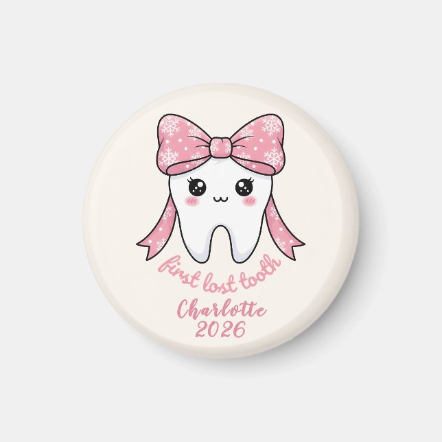 Baby First Tooth Pink Bow Milestone Kawaii Tooth Magnet (Front)