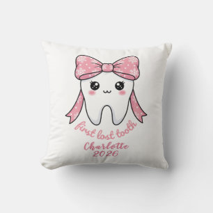 Baby First Tooth Pink Bow Milestone Kawaii Tooth Throw Pillow