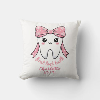 Baby First Tooth Pink Bow Milestone Kawaii Tooth Throw Pillow