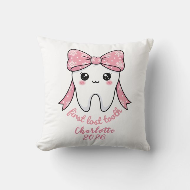 Baby First Tooth Pink Bow Milestone Kawaii Tooth Throw Pillow (Front)