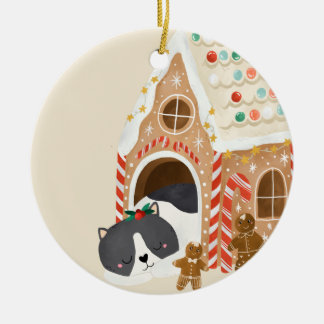 Baby First Xmas Cat in a Gingerbread House Ceramic Ornament
