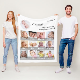 Baby First Year 12 Month Photo Collage  Milestone Fleece Blanket