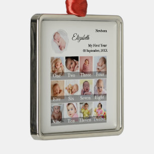 Baby First Year 12 Month Photo Collage Milestone Metal Ornament
