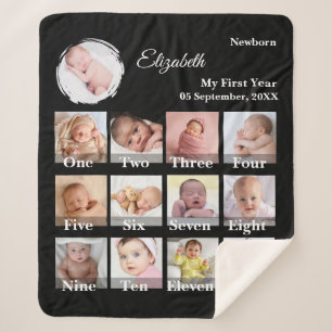 Baby First Year 12 Month Photo Collage Milestone Sherpa Blanket
