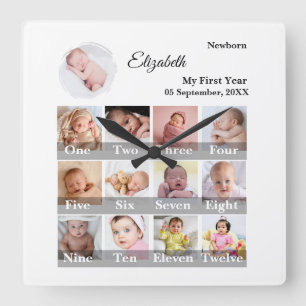 Baby First Year 12 Month Photo Collage Milestone Square Wall Clock