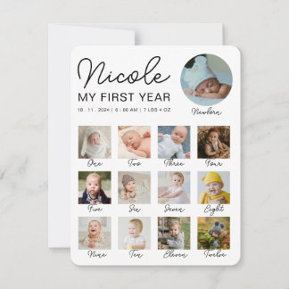 Baby First Year 12 Months Photo Collage Modern Note Card