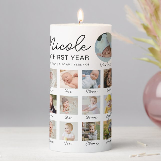 Baby First Year 12 Months Photo Collage Modern Pillar Candle (In Situ)