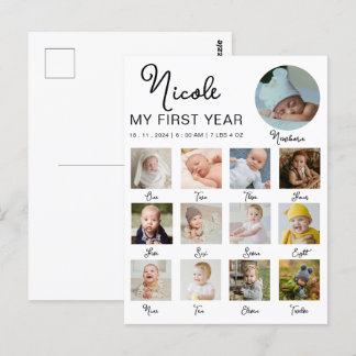 Baby First Year 12 Months Photo Collage Modern Postcard