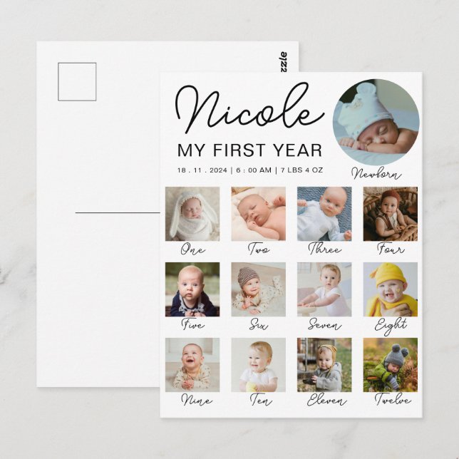 Baby First Year 12 Months Photo Collage Modern Postcard (Front/Back)