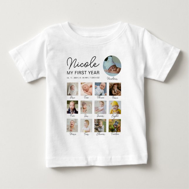 Baby First Year 12 Months Photo Collage Modern T-Shirt (Front)