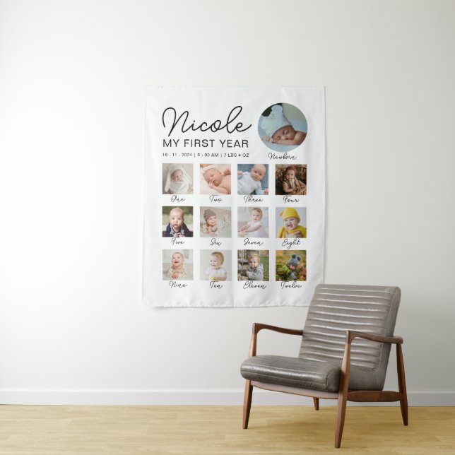 Baby First Year 12 Months Photo Collage Modern Tapestry (In Situ)