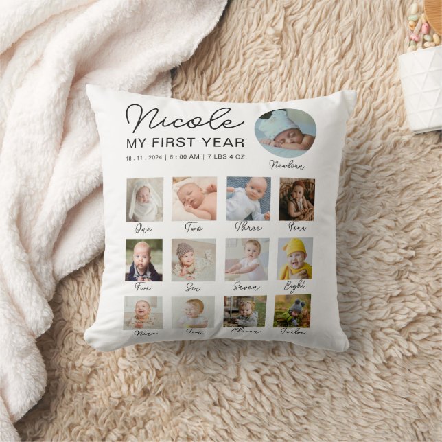 Baby First Year 12 Months Photo Collage Modern Throw Pillow (Blanket)