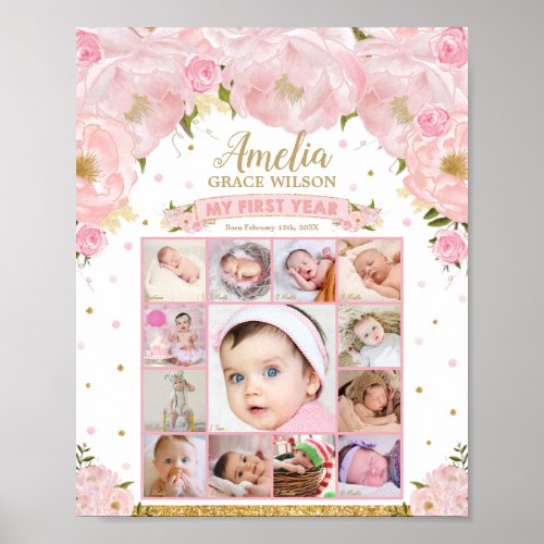 Baby First Year Birthday Photo Milestone Collage Poster
