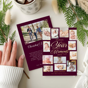 Baby First Year in Moments Minimal Photo Collage Foil Holiday Card