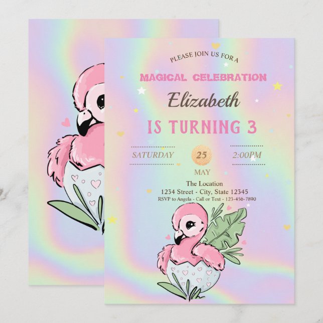Baby Flamingo, Holographic Birthday  Invitation (Front/Back)