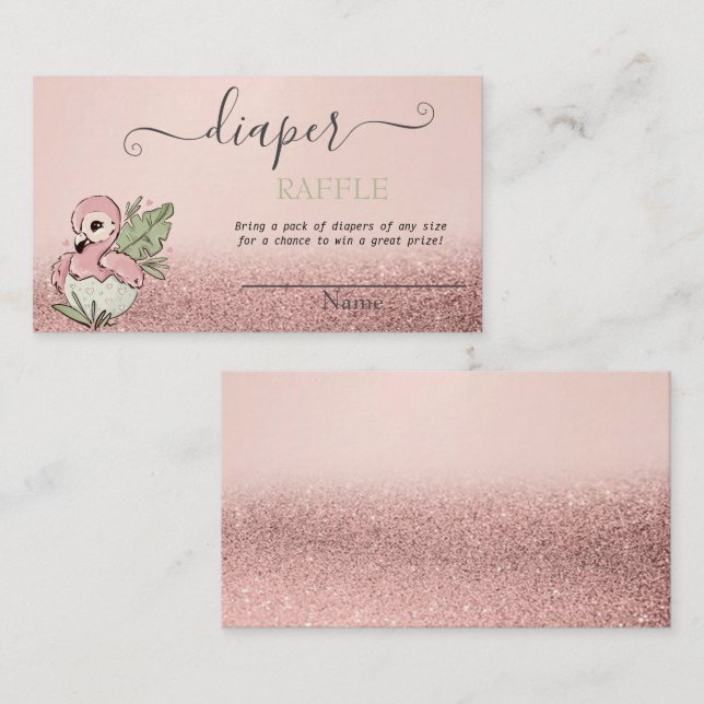  Baby Flamingo Rose Gold Glitter Diaper Raffle  Enclosure Card (Front/Back)