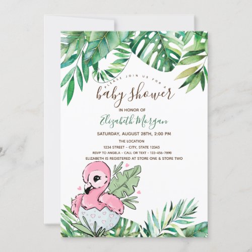 Baby Flamingo Tropical Leaves Baby Shower  Invitation