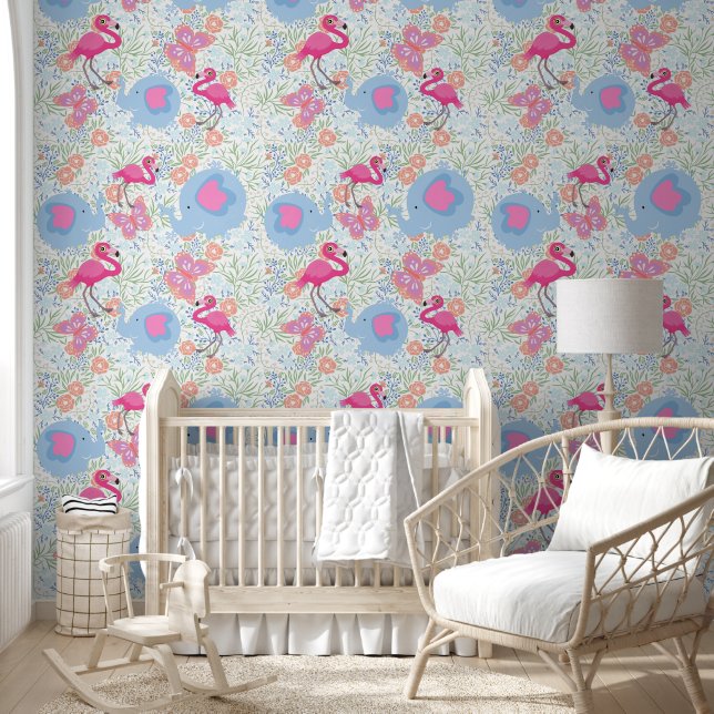 Baby Flamingos Friends Tropical Greenery Pattern Wallpaper (Kids)
