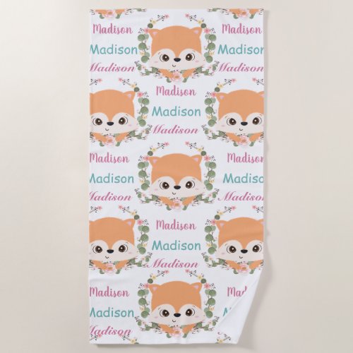 Baby Floral Fox Custom Name Ombre Pattern Beach Towel