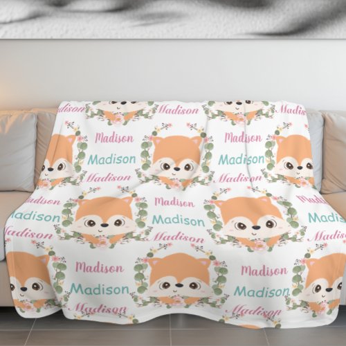 Baby Floral Fox Custom Name Ombre Pattern Fleece Blanket