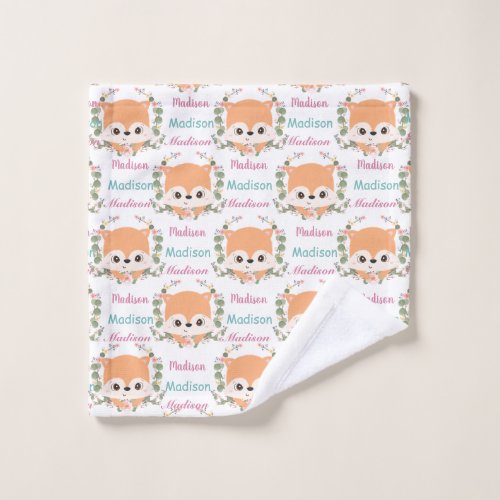 Baby Floral Fox Custom Name Ombre Pattern Wash Cloth