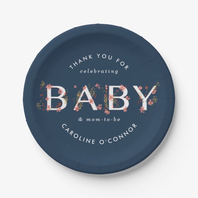 BABY Floral Garden Baby Shower Blue Paper Plates (Front)