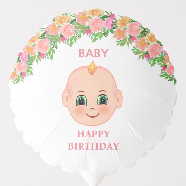 Baby & Flowers First Birthday Balloon (Front)