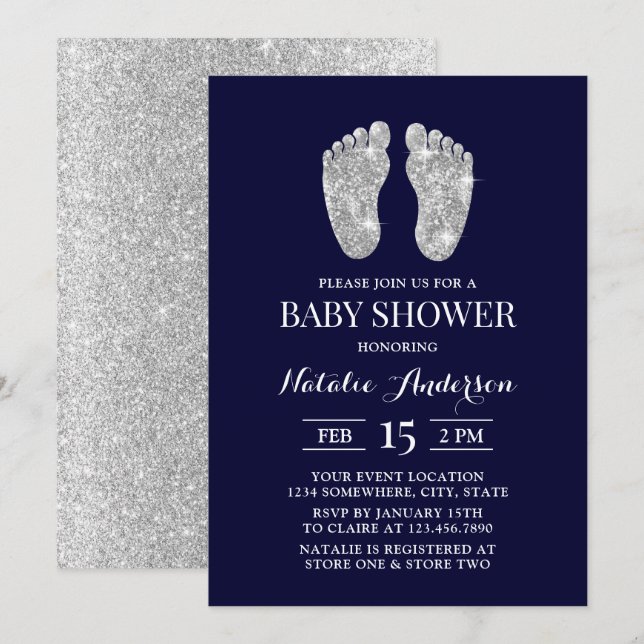 Baby Foot Modern Navy Silver Glitter Baby Shower   Invitation (Front/Back)