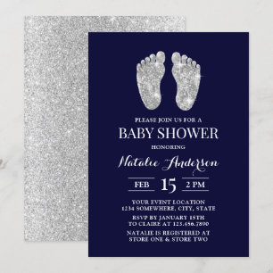 Baby Foot Modern Navy Silver Glitter Baby Shower   Invitation