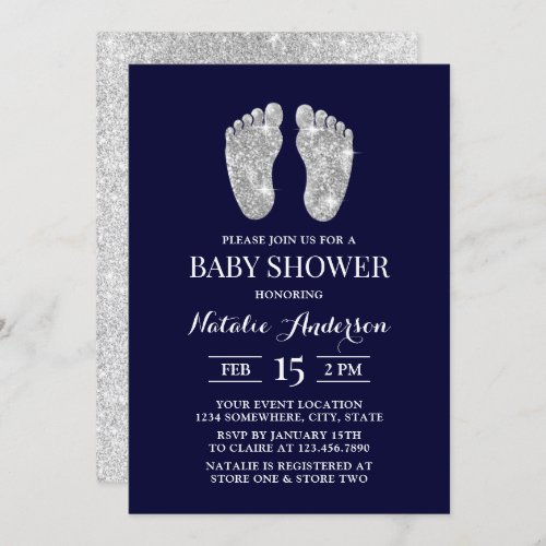 Baby Foot Modern Navy Silver Glitter Baby Shower   Invitation