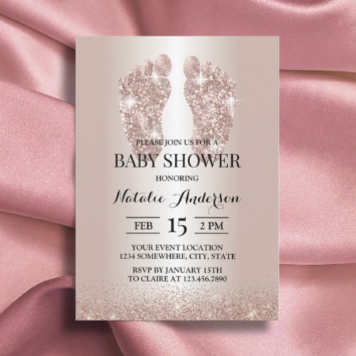 Baby Foot Modern Rose Gold Glitter Baby Shower Invitation