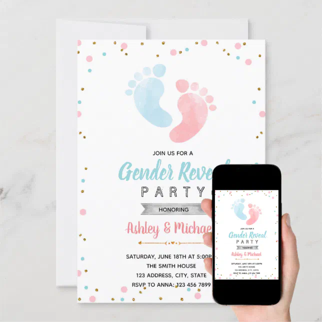 Baby footprint gender reveal party invitation | Zazzle