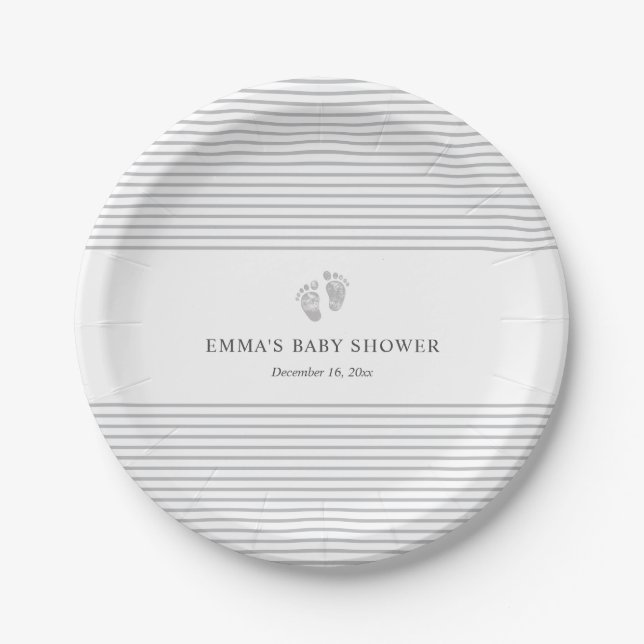 Baby Footprint Gray Stripe Baby Shower Plate (Front)