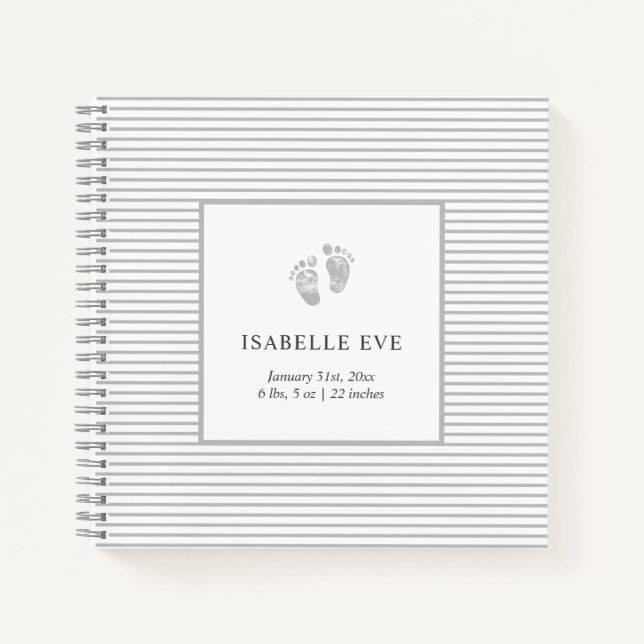 Baby Footprint Gray Stripes Baby Memory Book (Front)