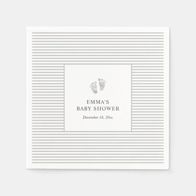 Baby Footprint Gray Stripes Napkin | Baby Shower (Front)