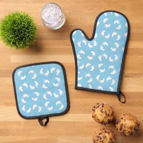 Baby Footprints Baby Foot Footsteps Feet Blue Oven Mitt  Pot Holder Set