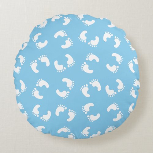 Baby Footprints Baby Foot Footsteps Feet Blue Round Pillow