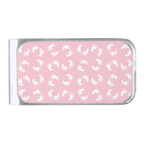 Baby Footprints Baby Foot Footsteps Feet Pink Silver Finish Money Clip