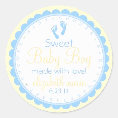 Baby Footprints_Blue and Yellow_Baby Shower Classic Round Sticker